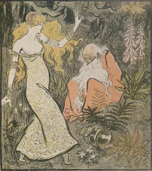 O Merlin Enchanter e a Fada Vivien na Floresta de Broceliande, de &39;Broceliande&39;, uma peça de Jean Lorrain (1855-1906)